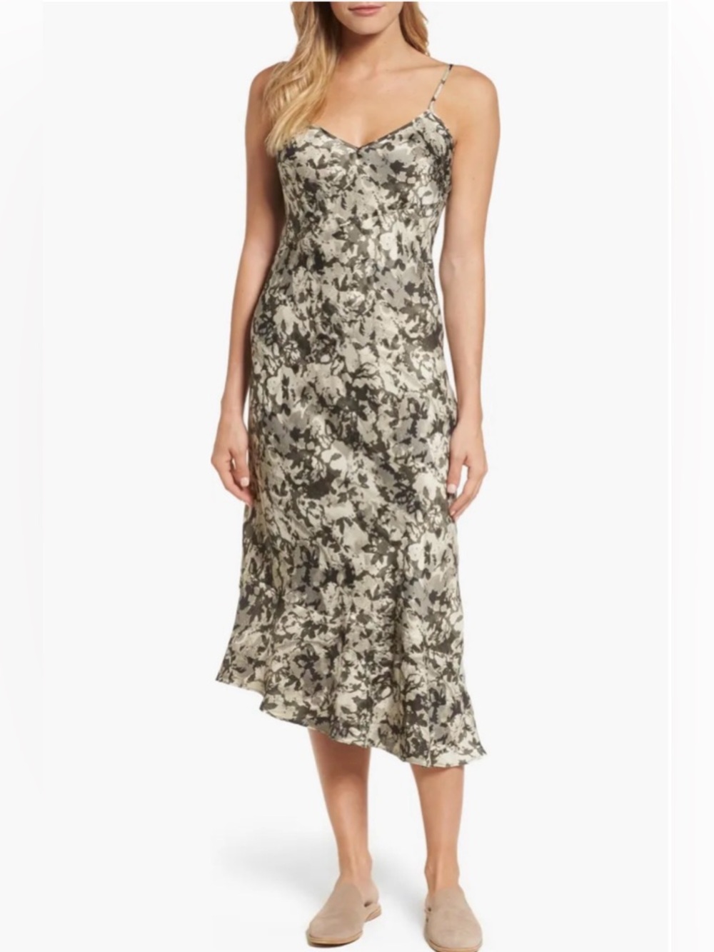 Kenneth Cole NY Camo Floral Silky Y2K Asymmetrical Slip Dress Size M